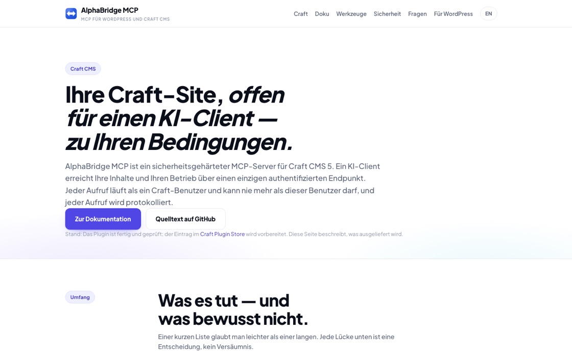 Seite zu AlphaBridge MCP für Craft CMS