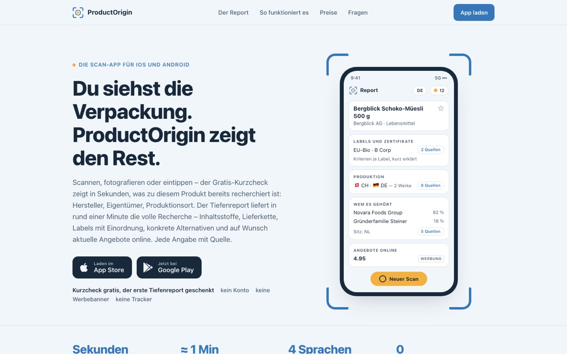 Startseite von productorigin.dev mit einem Beispielreport in der App